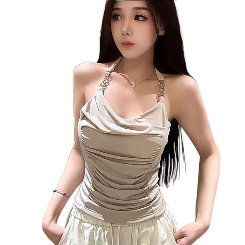Chain Strap Camisole with Built-in Bra, Backless, Sexy, Slimming, Pleated, Elegant Top, Trendy Lingerie