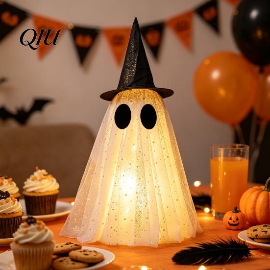 Minimalistický sváteční stolní doplněk Halloweenská dekorace duch, Strašidelná síťovina s flitry s čarodějnickým kloboukem/mašlí, Skládací stojící ozdoba Malý stolní