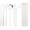 8Pcs/Set Portable Stainless Steel Dinnerware Set Travel Camping Spoon Fork Knife Chopsticks Straws Brush Tableware Flatware Set with Storage Bag