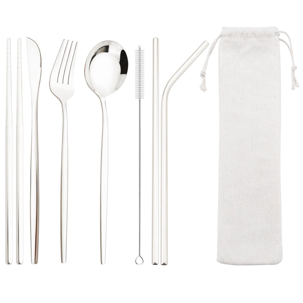 8Pcs/Set Portable Stainless Steel Dinnerware Set Travel Camping Spoon Fork Knife Chopsticks Straws Brush Tableware Flatware Set with Storage Bag