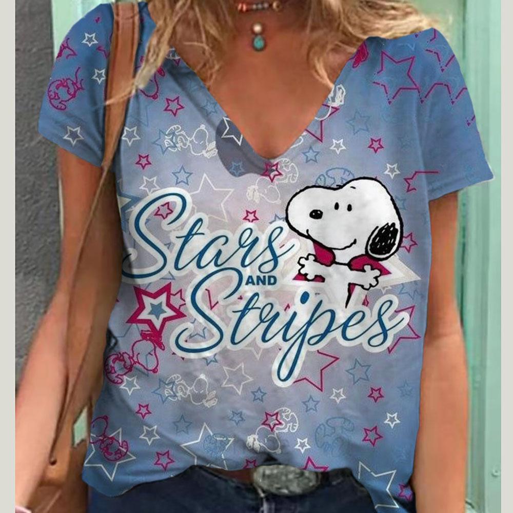 V-Neck Women's Sexy T-shirts Short Sleeve Breathable Simple Snoopy Cartoon Print Tops T-shirt Fun Patterns 15 Color Pullover Top