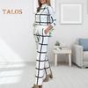 2 pezzi/set pantaloni da donna, top e pantaloni, colletto alto, stampa scozzese, maniche lunghe, camicetta ampia, pantaloni larghi a vita alta elastici con tasche, OL