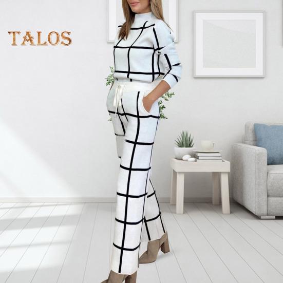 2 pezzi/set pantaloni da donna, top e pantaloni, colletto alto, stampa scozzese, maniche lunghe, camicetta ampia, pantaloni larghi a vita alta elastici con tasche, OL