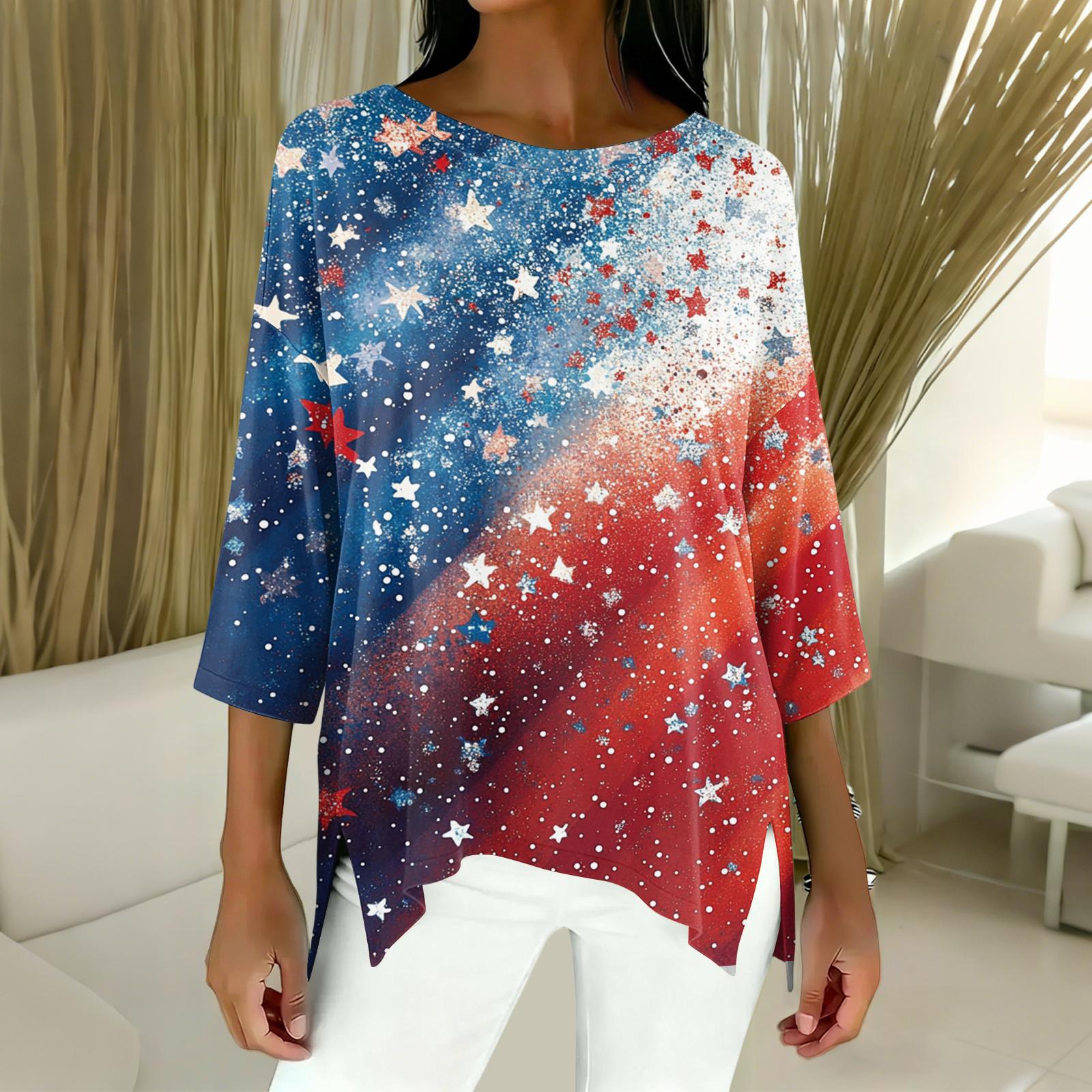 Women s Fashion Independence Day Print Three-Quarter Sleeve Top L