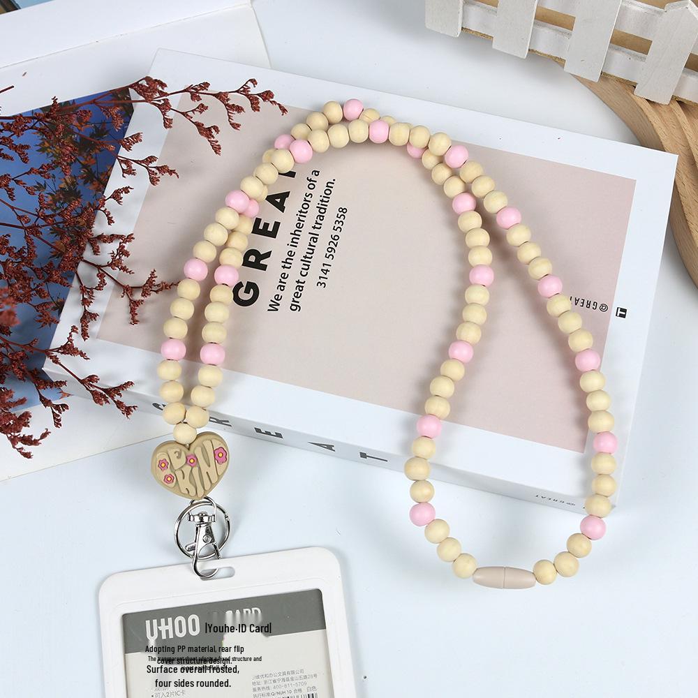 Beaded Wooden Necklace & Lanyard - Multi-functional Phone Chain with Wood Chips & Polymer Clay