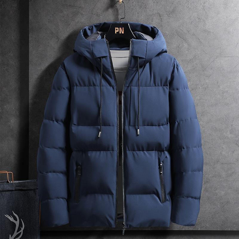 Men's slim-fit padded jacket Autumn and winter padded jacket Men's velvet padded jacket Men's blue hooded jacket Men's