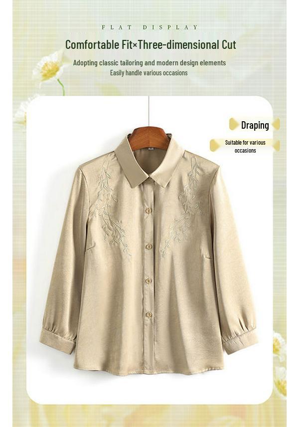 Spring & Summer Stylish Lapel Long Sleeve Shirt for Middle-Aged & Elderly Women - Age-Reducing Solid Color Loose Top