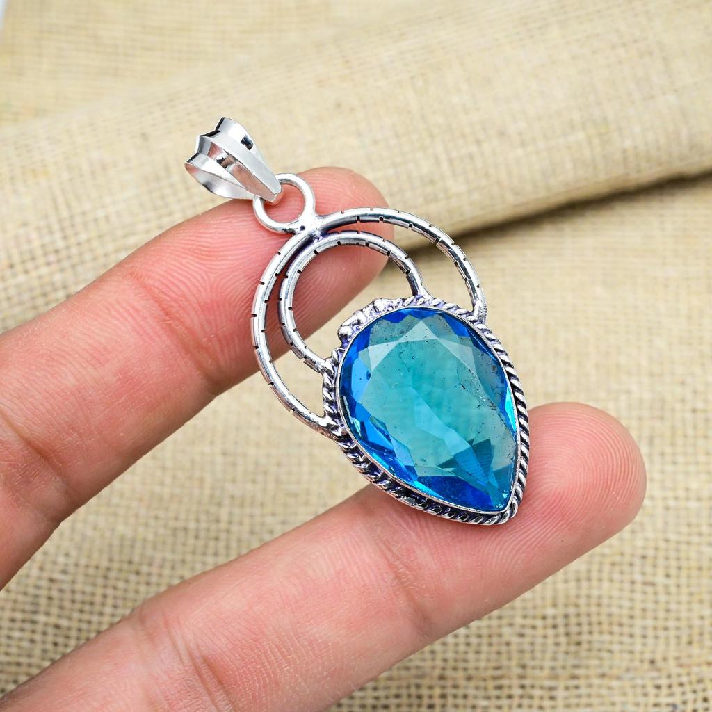 Funkelnder Blautopas Edelstein Handgefertigter 925 Massiv Sterlingsilber Schmuck Anhänger für Hochzeitsgeschenk