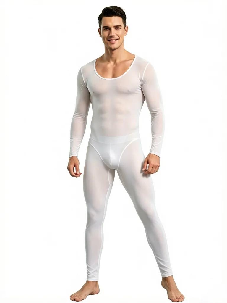 Dun Doorzichtig IJszijde Jumpsuit Unisex Mode Hoge Elastische Vormgevende Bodysuit Ademend Lange Mouw Bodystocking Leggings M white