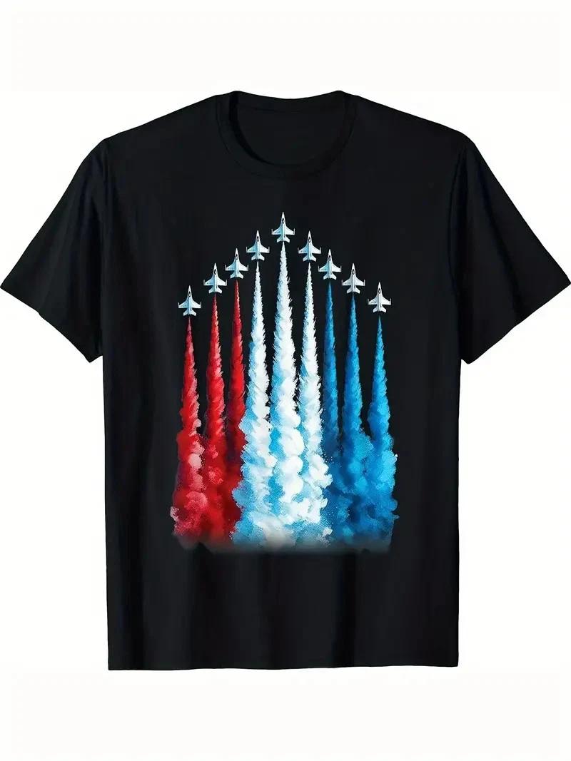 4th of July Patriotic Fighter Jets & American Flag Graphic T-Shirt - Red White B M