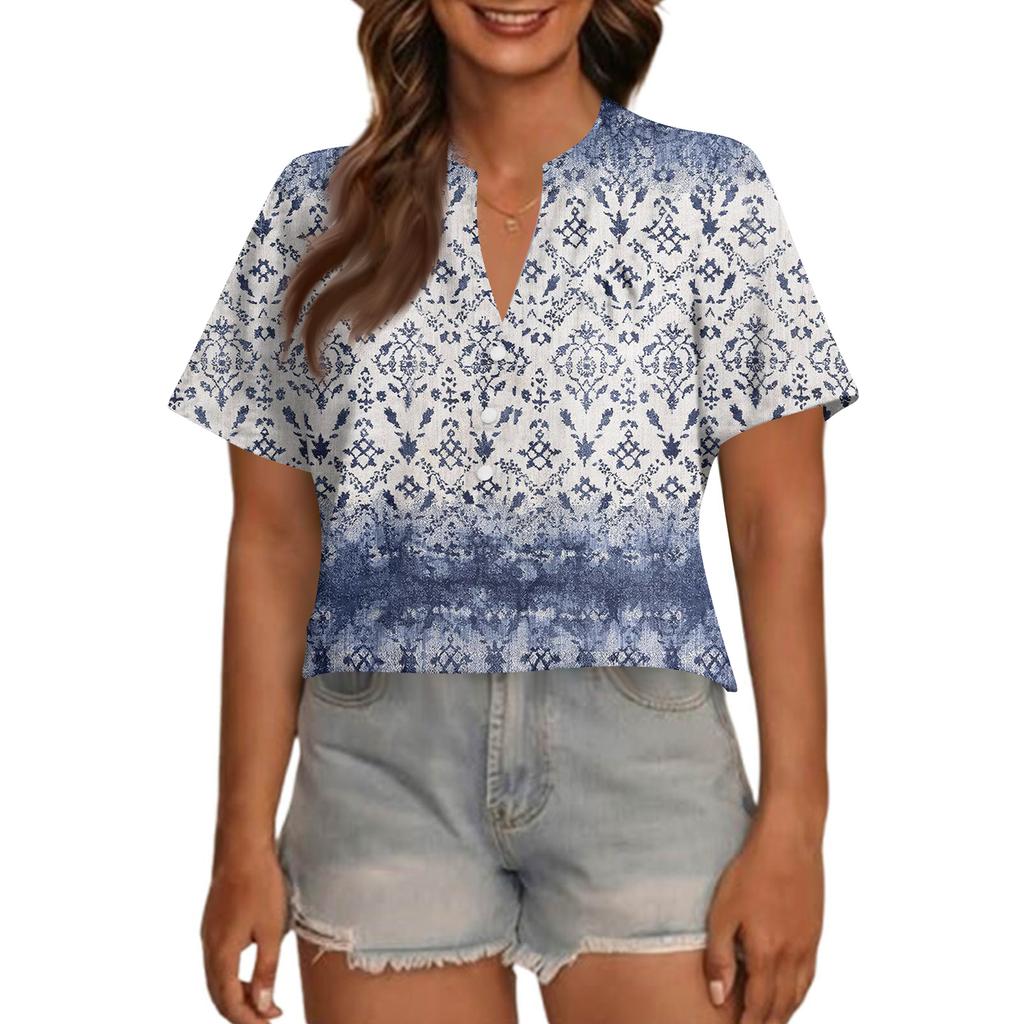 Modisches, lässiges Damen-Top mit V-Ausschnitt, Knopfleiste, Oversize-Schnitt, kurzen Ärmeln und Print