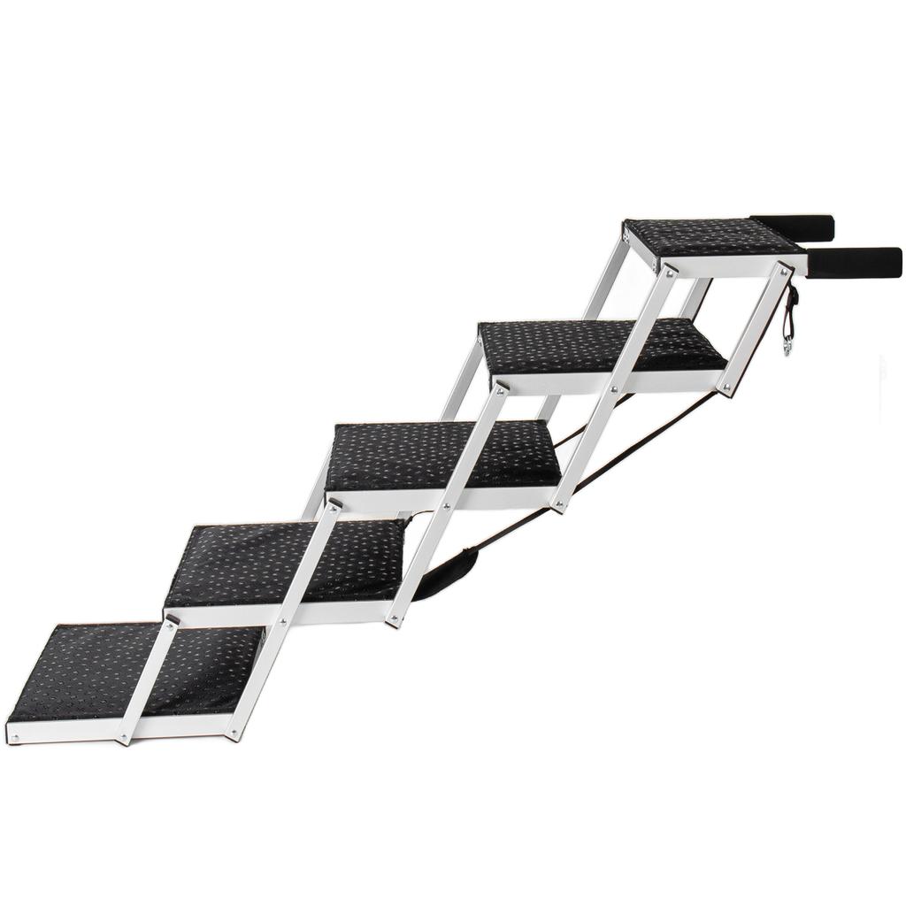 Foldable Aluminum Dog Ramp with 5 Steps, Non-slip Surface and Soft Foam Handle, Sturdy Ramp for Car, High Bed and Truck, Load Capacity up to 110 kg