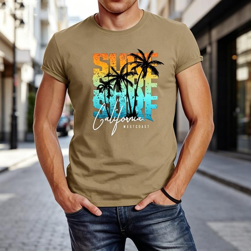 Retro Gradient Surf California West Coast Graphic Tee For Adult Unisex Unisex Trendy Tropical Palm Print Casual Daily Summer