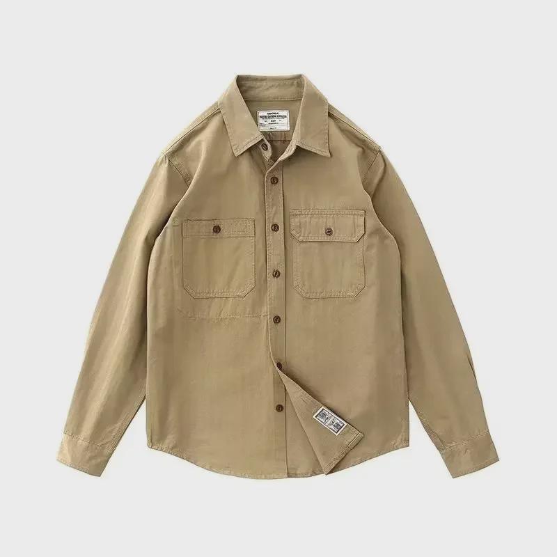 

Мужская японская ретро-рабочая рубашка свободного кроя – длинный рукав, однотонная, с карманами, для весны/осени XXXL хаки