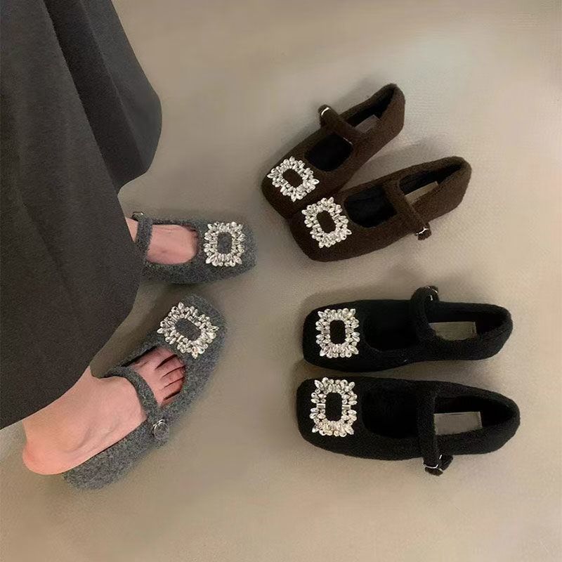 Rhinestone Square Head Velvet Mary Jane Single Shoes 2025 Autumn and Winter French Low-heeled Black Evening Women's Shoes Fluffy Shoes