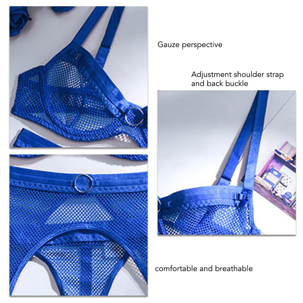 3 Pcs Lingerie Set Erogenous Hot Breathable Perspective Lingerie Suit for Honeymoon Valentine s Day Anniversary Blue L