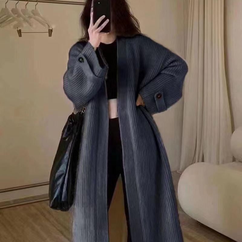 Autumn and winter new design sense lazy style long sweater knitted cardigan women's loose and thin coat top thick