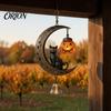 Spooky Yard Decoration Black Cat Moon Wind Chime, Gothic On Crescent Bell Holiday Gift for Home with Pumpkin Lantern, Halloween Hanging Ornament Porch