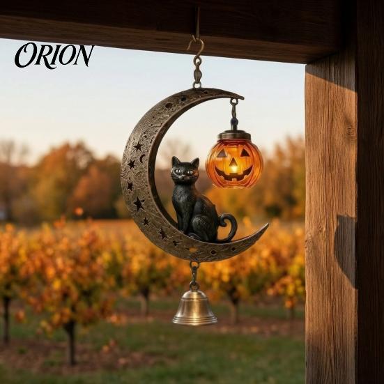 Spooky Yard Decoration Black Cat Moon Wind Chime, Gothic On Crescent Bell Holiday Gift for Home with Pumpkin Lantern, Halloween Hanging Ornament Porch