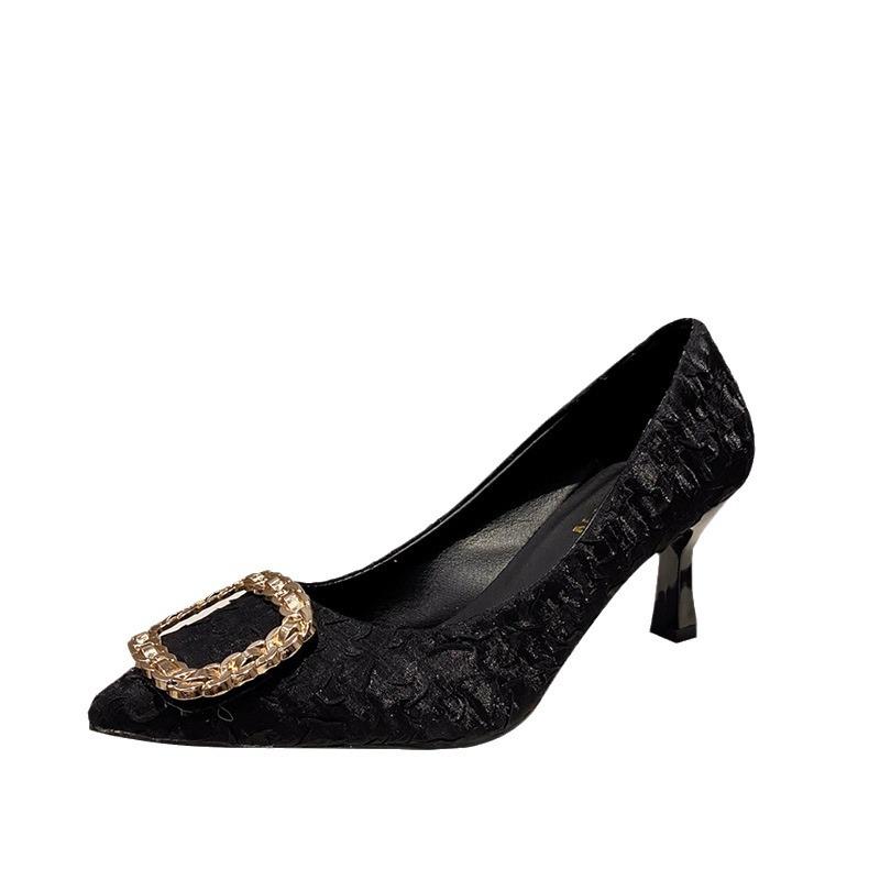 Xia new pointed thin heels single shoes shallow high heels satin pleated square buckle high fashion women's shoes