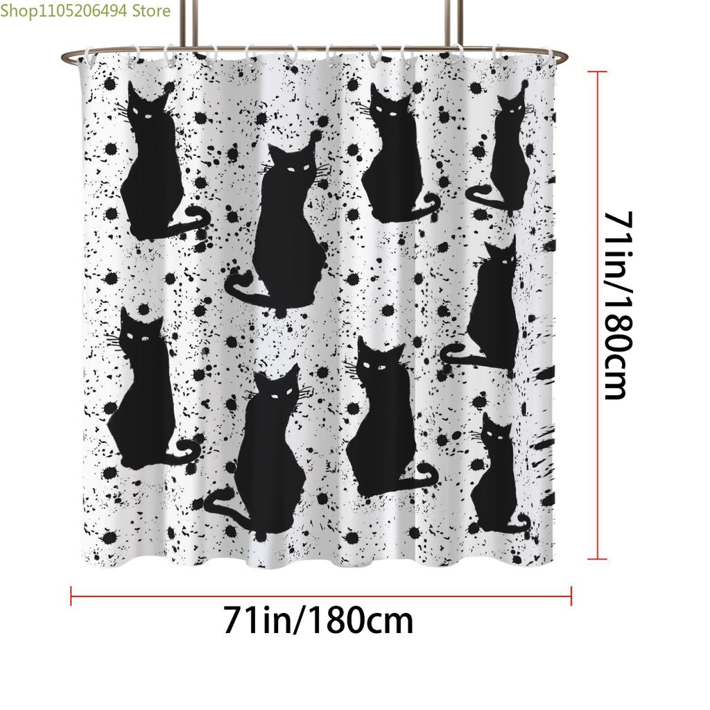 1pc Black Cat Print Waterproof Shower Partition Privacy Protection Curtain with 12 Hooks Multiple Sizes Easy To Installation