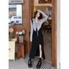 French Temperament Fake Two-piece Long-sleeved Dress for Women's Autumn Sexy Pure Desire Slim-fitting Waist-wrapped Hip-split Long Dress