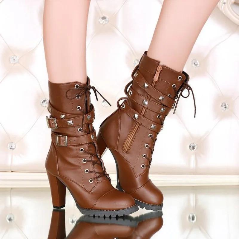 Autumn And Winterfashion Women'S Boots Fashion Modern Boots Square Heel Side Zipper Rivet Thick Heel Paired With Dress Womenshoe