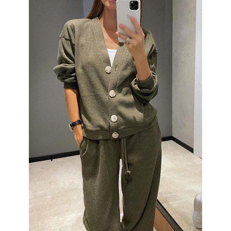 

Women s 2 Piece Knit Loungewear Set Button Down Cardigan Wide Leg Pants Lightweight Casual Outfit For Home 4XL армия зеленый