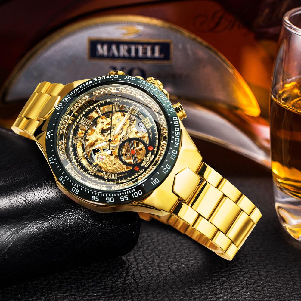 WINNER Gold Transparent Skeleton Automatic Watch for Men Luminous Pointers Luxury Brand Stainless Steel Strap Mechanical Watches