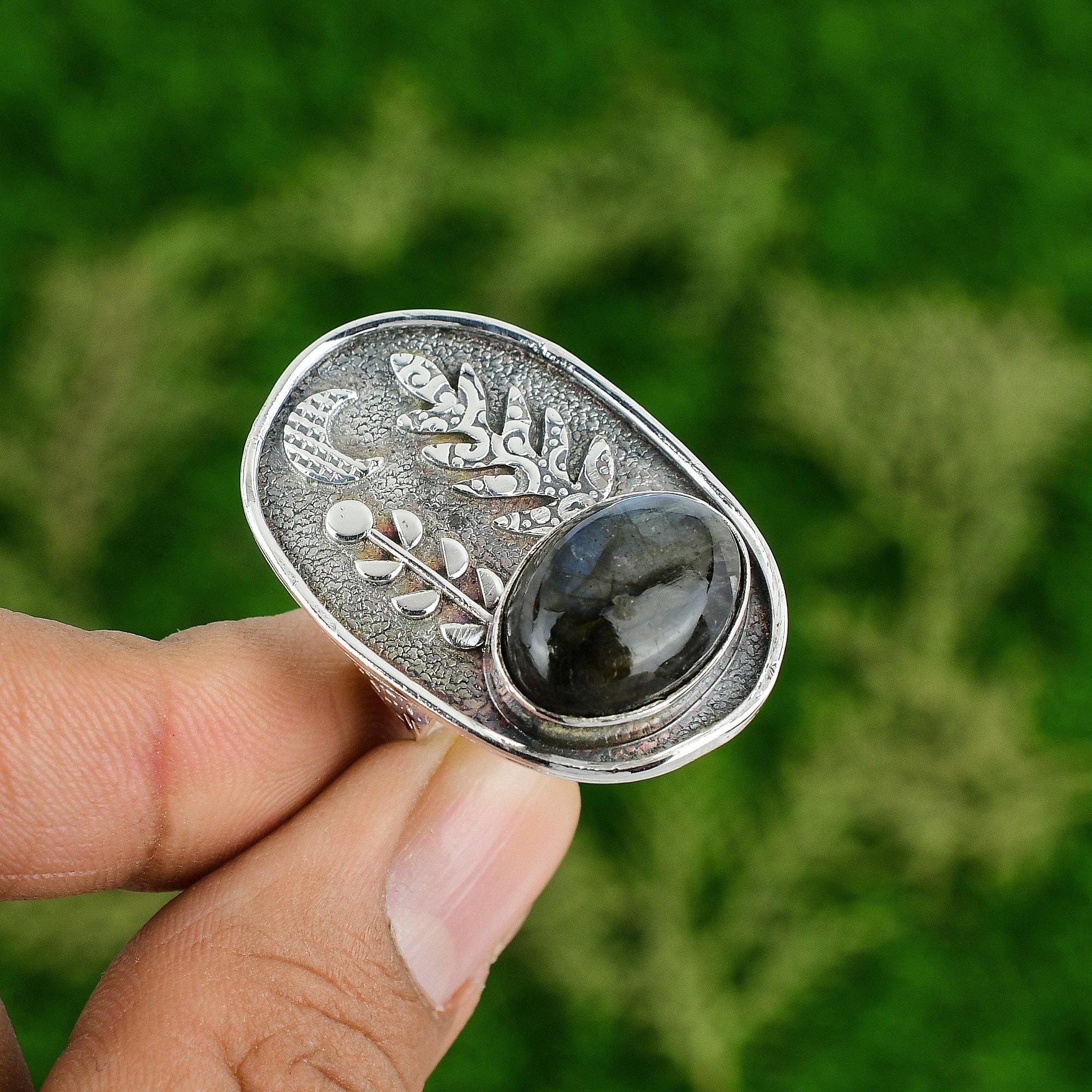 

Gift For Her Natural Labradorite Statement Adjustable Ring 925 Silver Adjustable