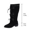Black matte medium tube boots women's lace-up medium heel elastic boots autumn and winter new European and American large size women's leather boots