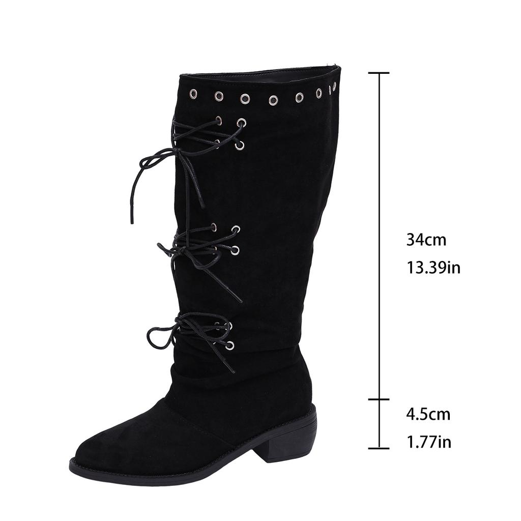 Black matte medium tube boots women's lace-up medium heel elastic boots autumn and winter new European and American large size women's leather boots