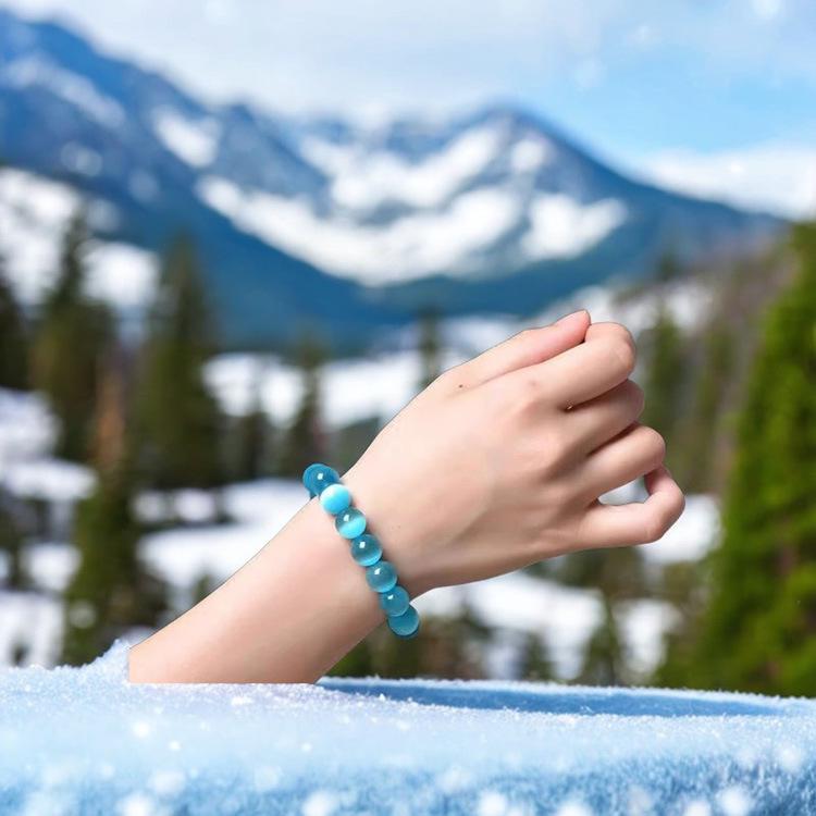 Sky Blue Cat's Eye Bracelet: Round Beads, Fresh Summer Crystal Jewelry for Women and Men