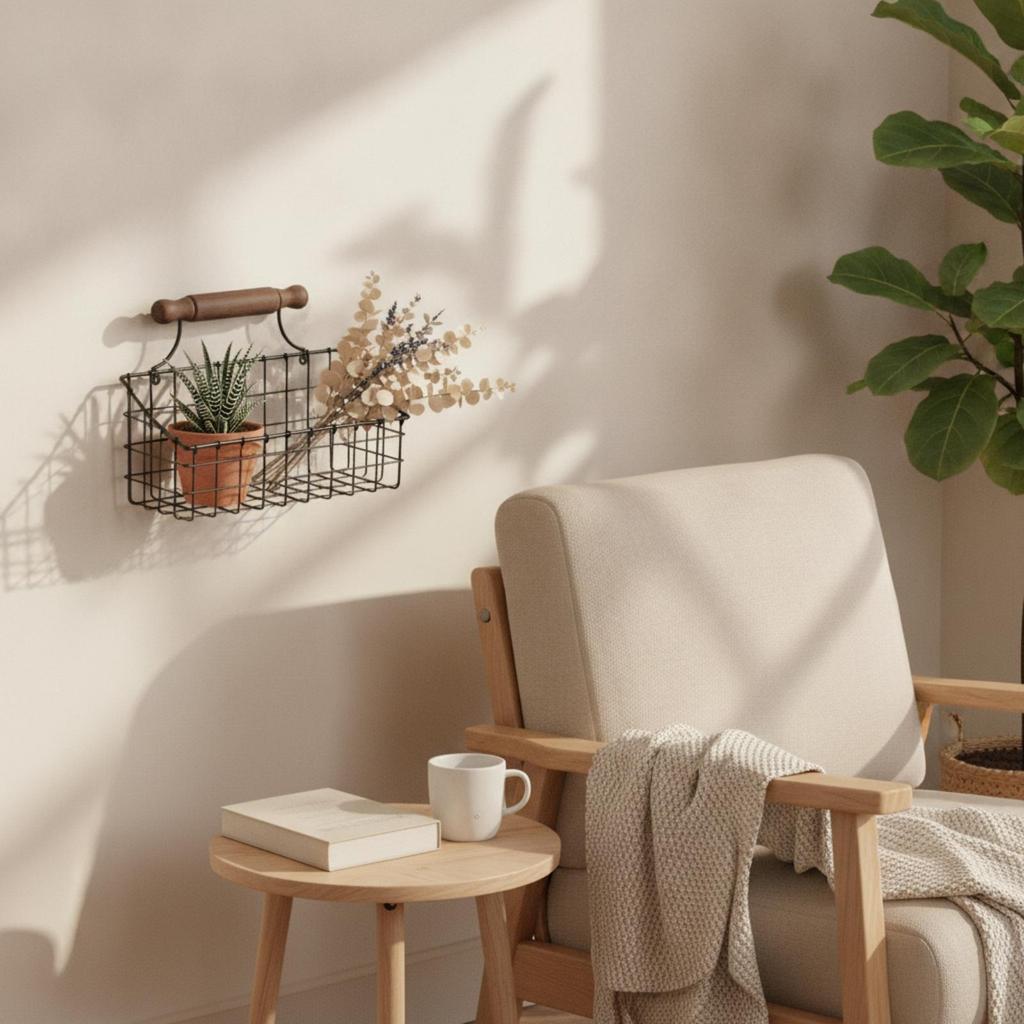 Wire Basket with Wooden Handle Black Metal Wall Hanging OpenTop Storage Bin for Kitchen,