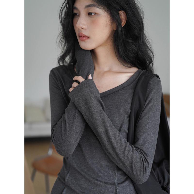 Women's Gray Drop-Shoulder Slim-Fit Fishbone Long-Sleeve Tee, New Autumn Design