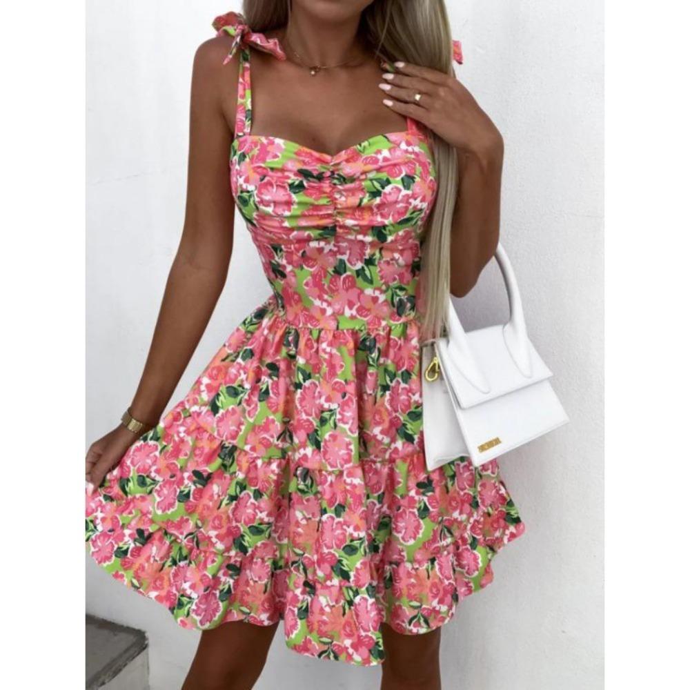 Mini Abito Estivo Casual da Donna Scollo a Cuore Stampa Floreale Abalinato Vita Alta Spallina Arricciata