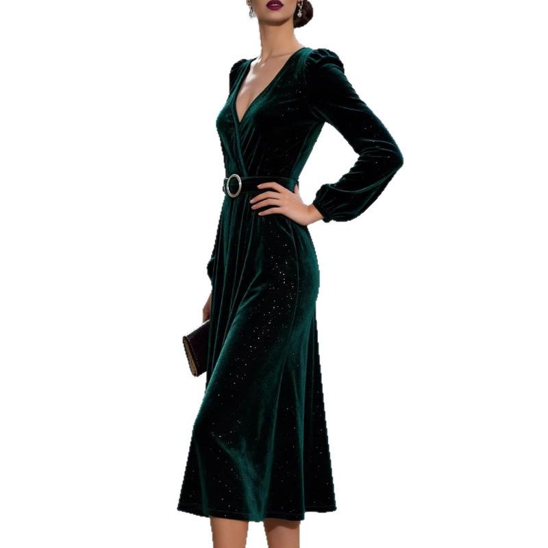 European and American New Sexy Fashion V-neck Sequined Velvet Slim Dress