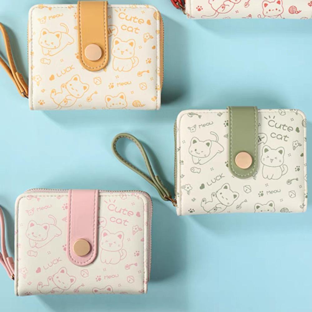 

Waterproof Cute Cat Girls Wallet Pu Zipper Wallets Button Short Student Money Bag Work