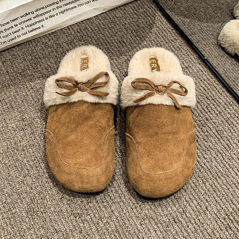 One-pedal bag head fluffy half slippers women's autumn and winter velvet outer wear 2025 new retro thermal cotton slippers