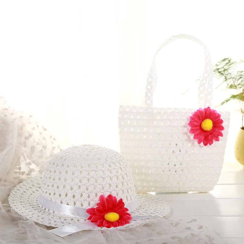 Children Charm Princess Straw Baby Girl Sun Beach Hat Flower Cap & Handbag Lovely Summer