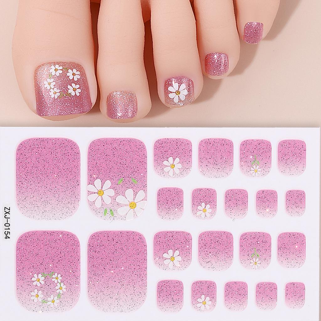 22Tips Baking Free Toe Nail Sticker Spring Glitter Flowers Full Cover Toenail Polish Strips Adhesive DIY Foot Decals