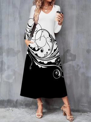 2025 Herfst en Winter Nieuwe Vrouwen Casual Mode Jurk 3D Retro Patroon Print Lange Mouw V-Hals A-Lijn Jurken