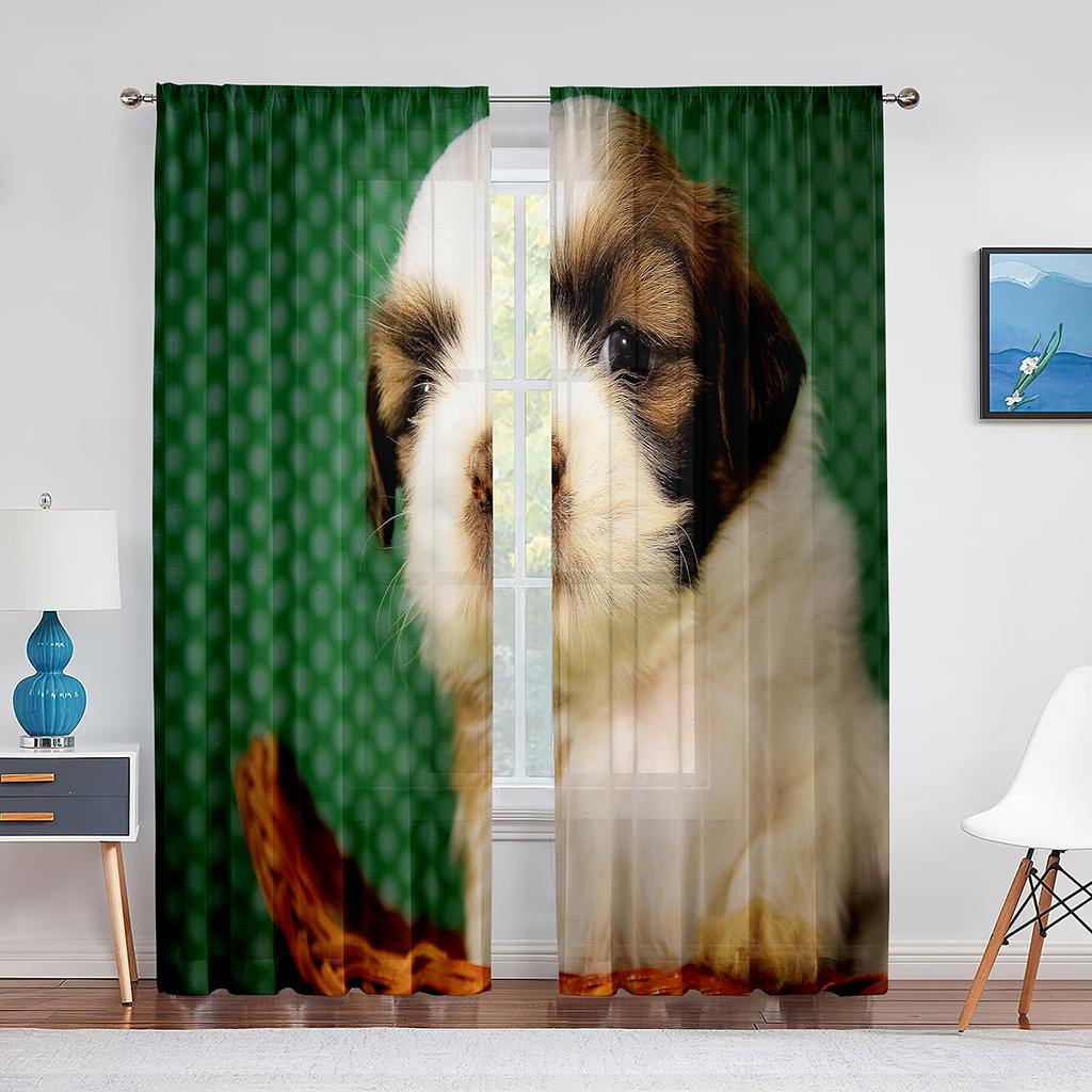 Cute Dog Shih Tzu Puppy Pet Sheer Voiles Curtains for Living Room Bedroom Kitchen Tulle Window Curtain Home Balcony Decor Drapes