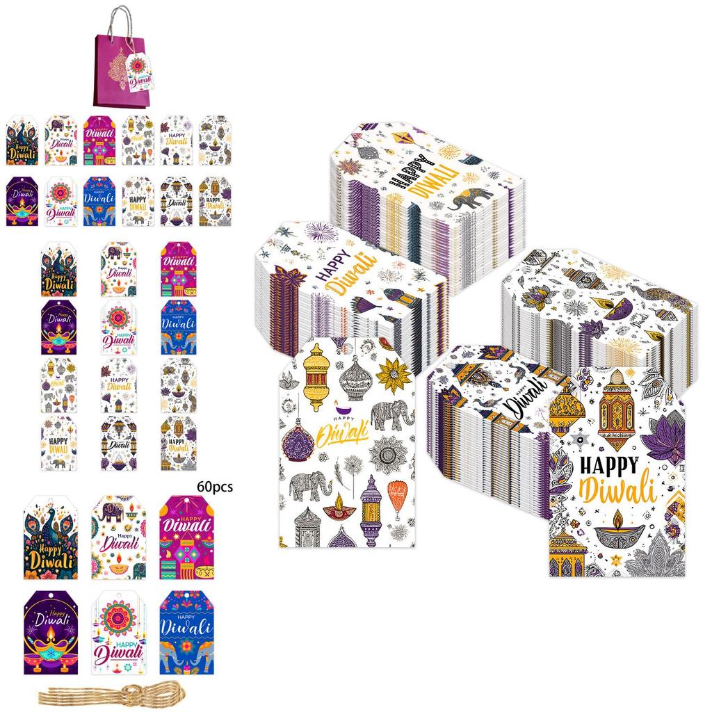 Diwali Theme Hang Tags For Party Decorations With 60pcs Paper Festive Labels