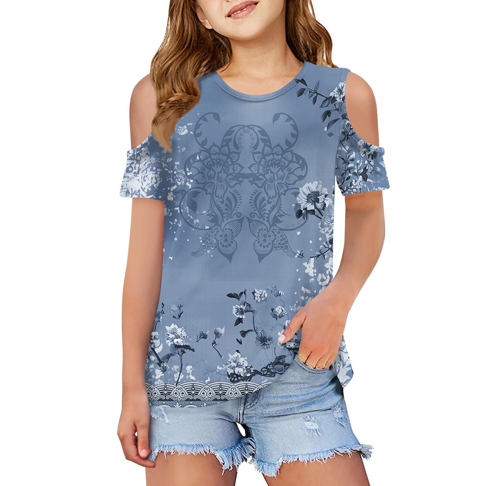 

Летняя детская футболка с открытыми плечами и воротником с цветочным принтом 100 синий