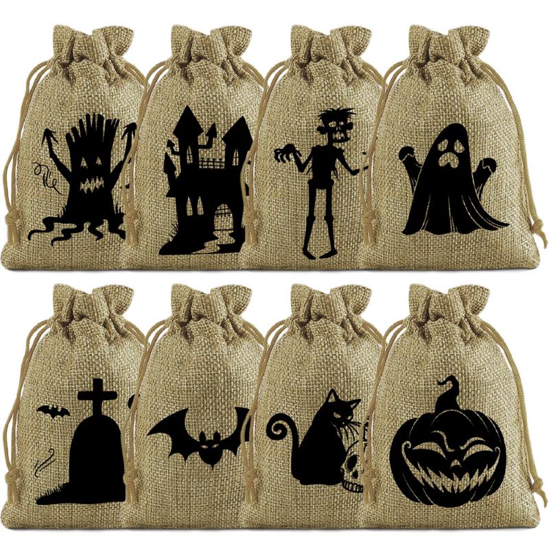 8/12Pcs 2025 New Halloween Gift Bags Children'S Trick-Or-Treat Candy Bags Pumpkin Bags Flannel Drawstring Candy Bags 10X12Cm