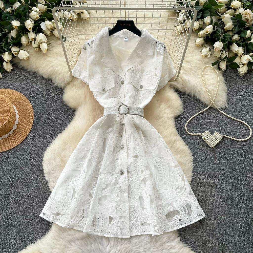 French Romantic Style Heavy Industry Lace Embroidered Dress Women's Summer Short Sleeves Waist Hollow and Thin Temperament Short Skirt