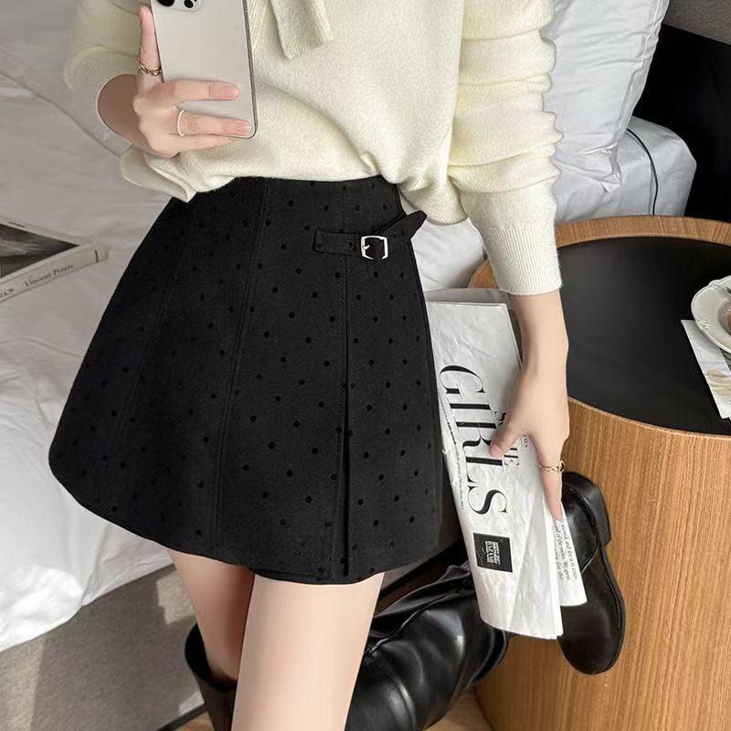 Plus Size High Waist Polka Dot Wool Skort for Women - Retro A-line Slimming Fall/Winter Skirt S темно-серого