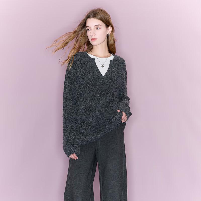 Sancai Women's 2025 Winter Sequined V-Neck Knit Pullover