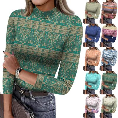 Kadın Slim Fit Alt Tişört Moda Günlük Degrade Baskılı Yuvarlak Yaka Kazak 3/4 Kol Üst